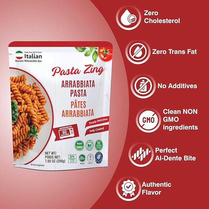 Pasta Zing Arrabbiata Pasta, Spicy Italian Al-Dente Fusilli, Ready in 1 Minute, Made with 100% Durum Wheat, 12.6g Protein 7g Fiber, Clean Label Shelf-Stable, 7.05 oz Pouch, Pack of 7