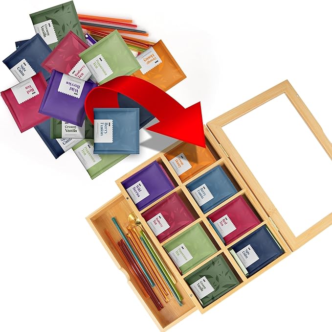 Bamboo Tea Bag Organizer – 8 Compartments, Drawer, Magnetic Lid, Premium Gift for Tea Lovers, Eco Kitchen Storage Box, Clear Window, Pantry Organizers And Storage (Organizer Only)