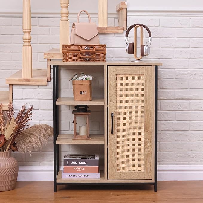 ALBAD Boho Sideboard Buffet Cabinet with 3 Tier Storage Shelves and Rattan Doors Rustic Farmhouse Coffee Bar Console Table for Living Room, Kitchen, Dining Room, Home Entryway