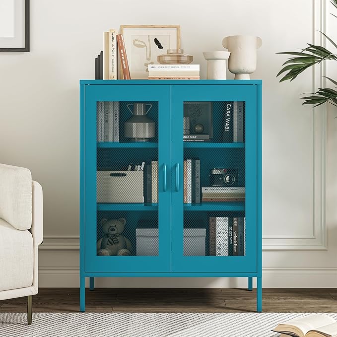 Metal Locker Storage Cabinet with 2 Mesh Doors and Adjustable Shelves,Blue Metal Locker Cabinets,Coffee Bar Cabinet,Kitchen Pantry Storage Cabinets for Home,Sideboard,Office(40" H)