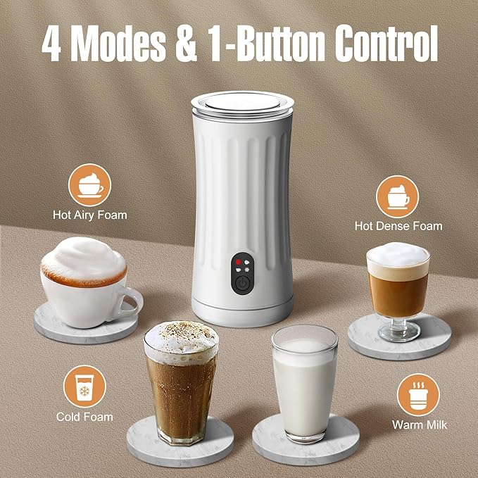 Milk Frother, 4-in-1 Milk Frother and Steamer, Hot and Cold Foam Maker and Milk Warmer with Temperature Control & Auto Shut-Off, Frother for Coffee, Latte, Cappuccino, Matcha(White)
