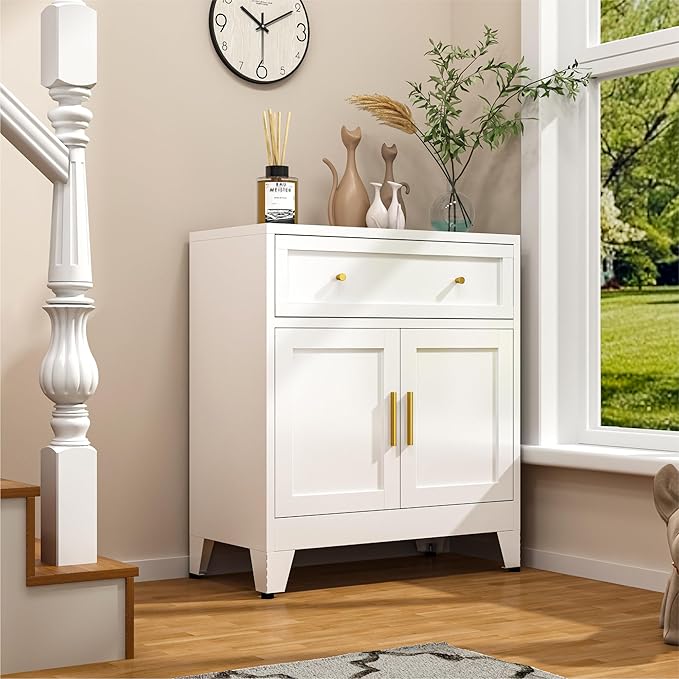 Metal Sideboard Cabinet, Small Pantry Sideboard Cabinets with 2 Doors and Adjustable Shelves, White Metal Buffet Cabinet for Kitchen Dining Room Living Room, Entryway, Bathroom,Office