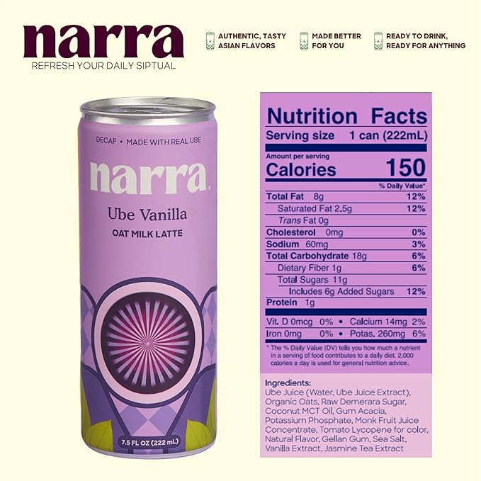Narra, Oat Milk Tea Latte - Ube Vanilla, Caffeine Free, Organic Oat Milk, MCT Oil, Dairy Free, Non-GMO