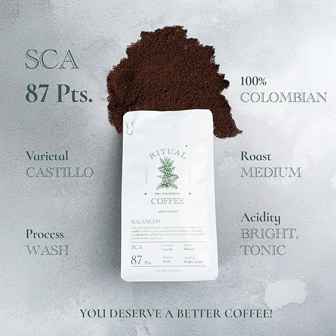 Ritual Specialty Coffee - Colombian Single Origin Ground Coffee Gourmet, Balanced Profile, 87+ SCA Score (Chocolate, Red Fruits & Blueberry),Medium Roast - 12oz (340g) 100% Castillo Variety