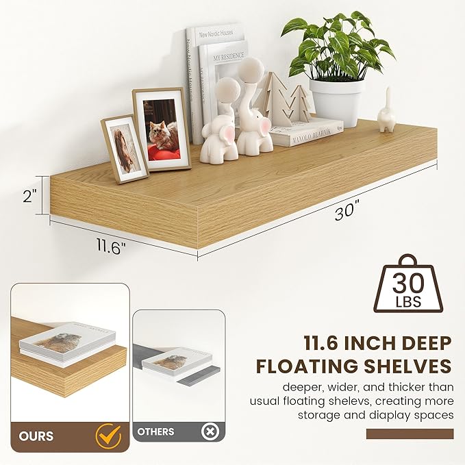 30 Inch Floating Shelves | 12 Inch Deep Oak Floating Shelves | 30" W x 12" D Rustic Wood Shelves for Wall | Deep Oak Shelves for Living Room Bathroom Laundry Room Kitchen
