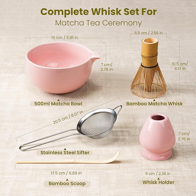 Matcha Whisk Set, Handcrafted Bamboo Chasen & Ceramic Bowl Matcha Kit,Complete 5 Pcs Pink Matcha Set Whisk and Bowl W/Stainless Steel Sifter,Bamboo Scoop & Holder for Matcha Tea Ceremony(Sakura Pink)