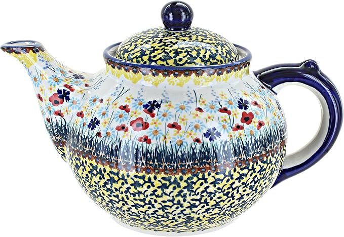 Blue Rose Polish Pottery - Yellow Prairie Garden Teapot - 5 Cup Capacity - Hand-Painted Polish Pottery Ceramic Coffee & Tea Server