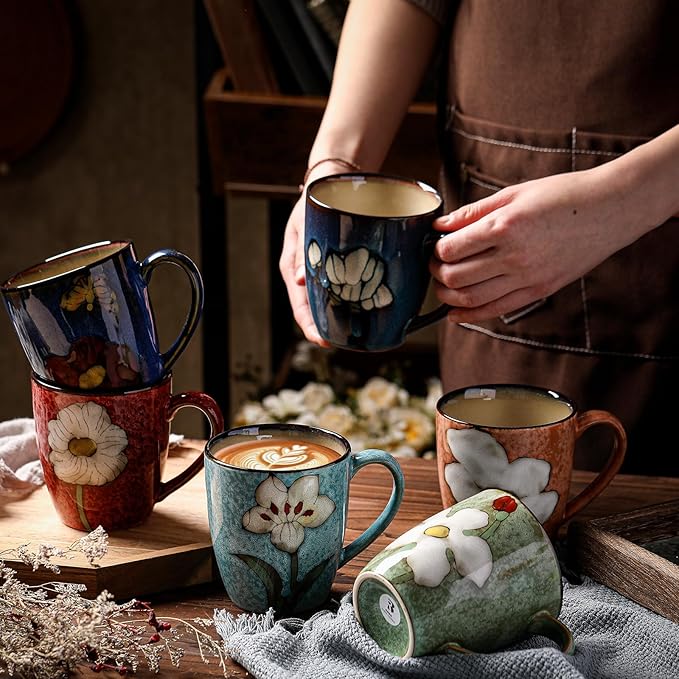 Maxdot 6 Pcs 12oz Ceramic Coffee Mugs Sets Glazing Process Cappuccino Mug Floral Ceramic Tea Cups Christmas Housewarming Idea Gift for Women Porcelain Cup for Coffee, Cocoa, Tea, Latte (Retro)