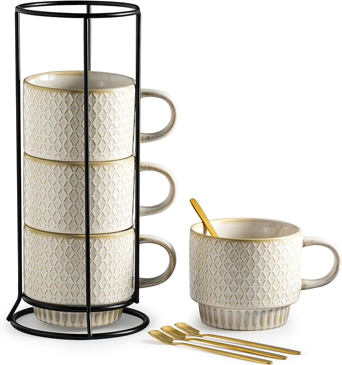 Gomakren Coffee Mugs Set of 4, 13 Ounce Stackable Coffee Mugs with Stand, Christmas Ceramic Coffee Cups with Spoon for Coffee, Espresso, Cappuccino, Latte, Cocoa, Tea and Milk, Creamy White