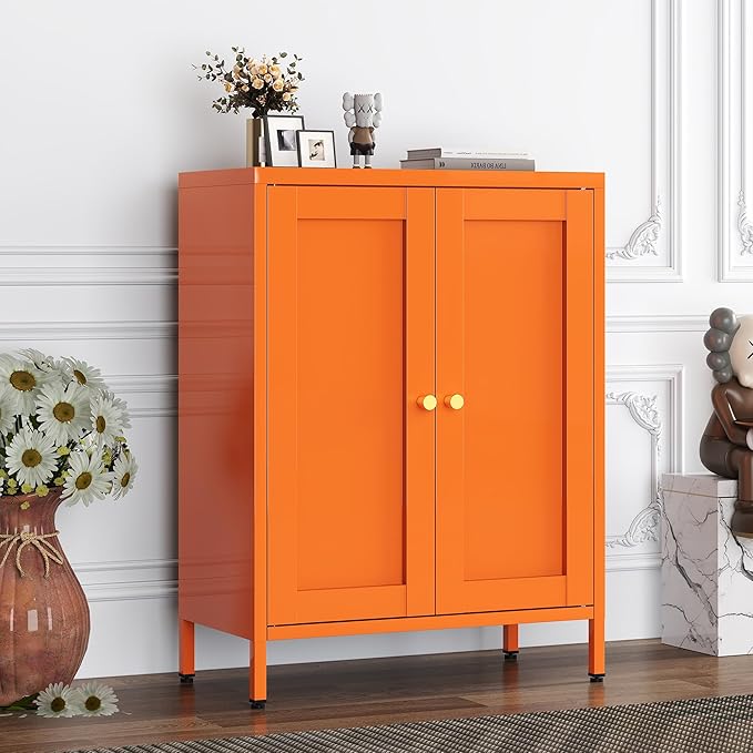 Orange Metal Storage Cabinet with 2 Doors - 31.5''H Bathroom Floor Storage Cabinet, 3 Tier Locker with Adjustable Shelves,Bathroom Cabinet for Office, Home, Living Room, Kitchen