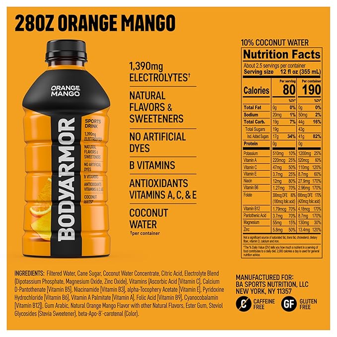 BODYARMOR Sports Drink, Orange Mango, Electrolyte Drink Hydration, 28 Fl Oz Bottles (15 Pack), Flavored Coconut Water with B Vitamins & Antioxidants