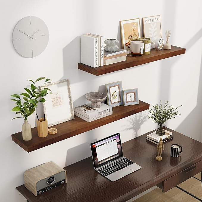 Fun Memories Floating Shelves, 9.3 Inch Deep Solid Pine Wood Wall Shelves for Storage, Rustic Wall Mounted Display Shelf with Invisible Heavy-Duty Metal Bracket, 48 Inch Width, Walnut