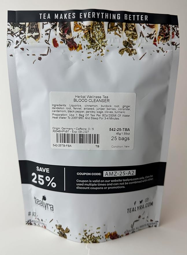 Tealyra - Blood Cleanser Tea - 25 Bags - Wellness Detox - Health Tonic - Dandelion - Ginger - Loose Leaf Herbal Tea - Natural Cleanse - Diuretic Tea - Caffeine-Free - 25 Sachets