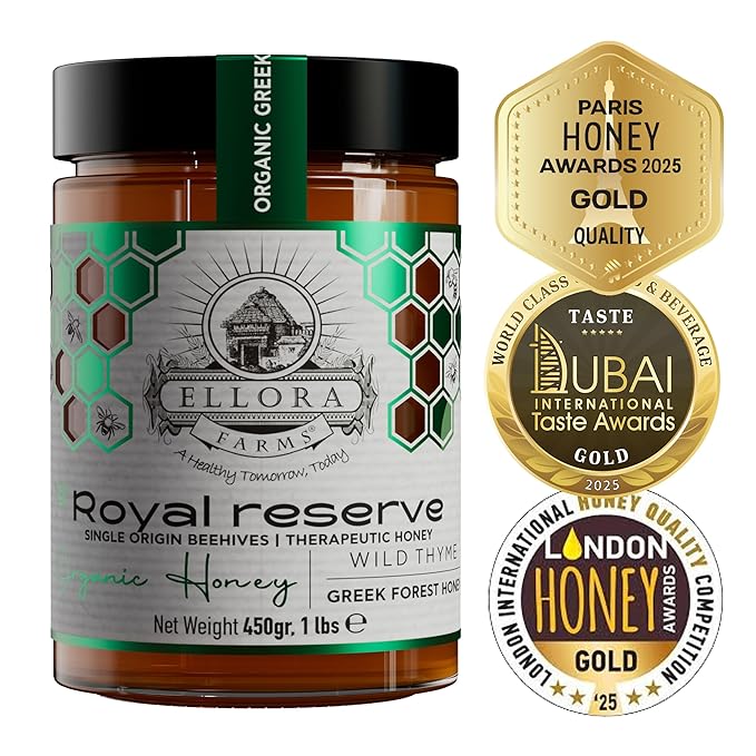 Ellora Farms Organic Greek Honey, Wild Thyme, Raw Unfiltered, Preservative and Additive Free, 2025 Paris and Dubai Gold Awards Winner, Gift Pack with Dipper - 450g (16oz)