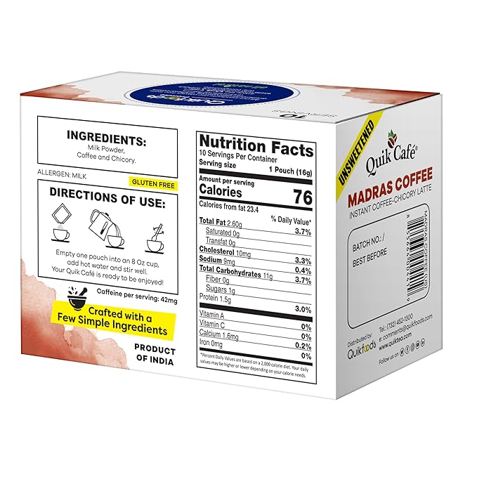QuikCafé Madras Unsweetened Coffee – 10 Count, Instant Herbal Blend with Natural Ingredients, Caffeine-Light, Preservative-Free – Just Add Hot Water