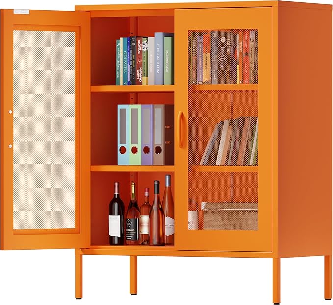 Metal Locker Storage Cabinet with 2 Mesh Doors and Adjustable Shelves,Orange Metal Locker Cabinets,Coffee Bar Cabinet,Kitchen Pantry Storage Cabinets for Home,Sideboard,Office(40" H)