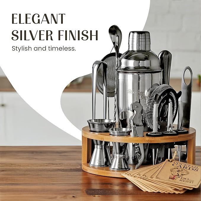 Mixology & Craft Bartender Kit – 15-Piece Cocktail Shaker Set with Bar Tools, Premium Stainless Steel Bar Accessories for Home Bar, Includes Bamboo Stand, Plus Exclusive Recipe Cards (Silver)