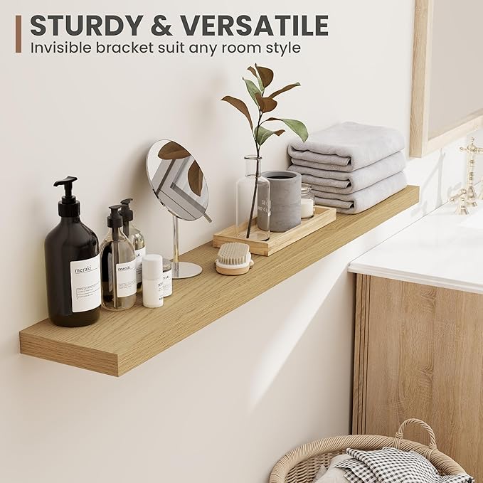 24 Inch Floating Shelves, 8 Inch Deep Floating Shelves for Wall, Hanging Shelf with Invisible Brackets, Deep Shelves for Bathroom, Bedroom, Living Room, Oak, Set of 2