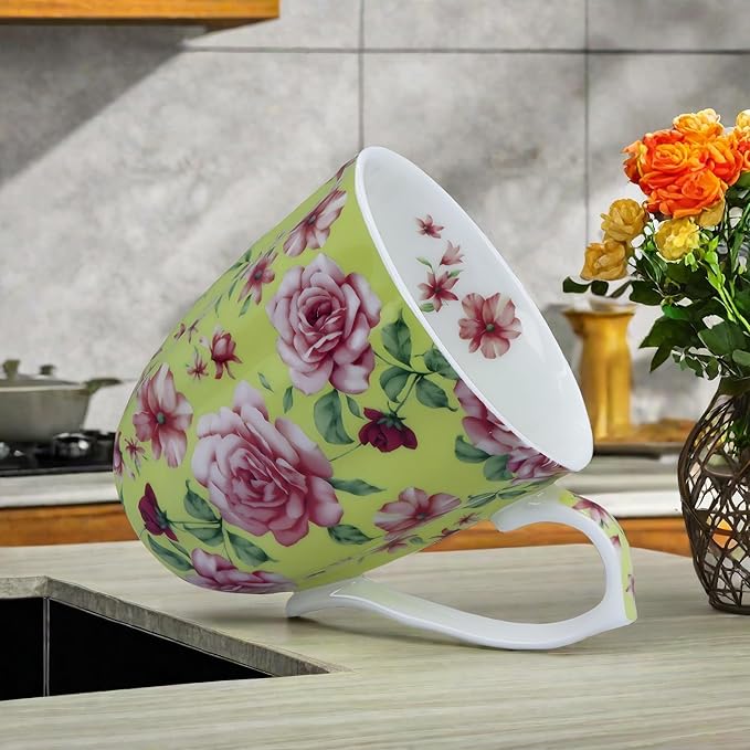 14oz Bone China Coffee Mugs for Women Floral Coffee Mug Tea Cups Novetly Coffee Cups Gift for Women Mom Friends (Sunny yellow rose)