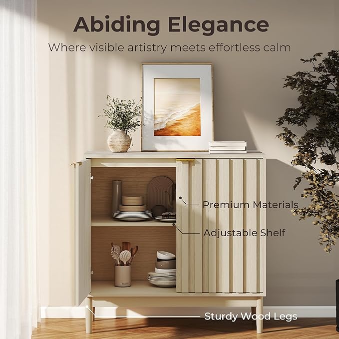 Fluted Cabinet with Storage, Buffet Cabinet Sideborad with 2 Doors, Beige Buffet Storage Accent Cabinets with Adjustable Shelves for Living Room, Entry, Hallway, Kitchen
