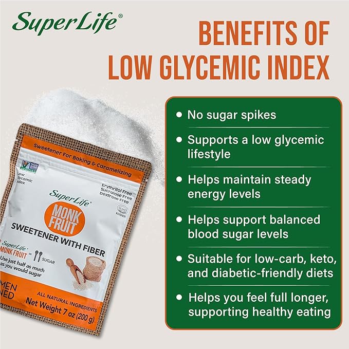 Super Life Monk Fruit Sweetener with Fiber – Low-Glycemic Index, Diabetic-Safe & Erythritol-Free Sugar Alternative for Baking, Beverages & Caramelizing | Non-GMO, Low-Calorie, Keto & Low GI Food – 7oz / 200g