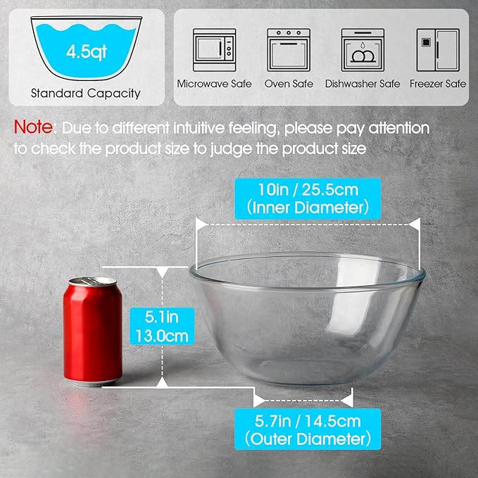 NUTRIUPS 4.5 Quart Large Glass Mixing Bowl, Clear Large Salad Bowls Glass Big Mixing Bowls for Kitchen