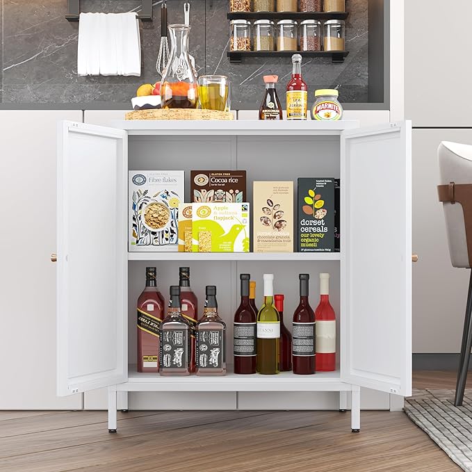 Small 2 Transparent Door Metal Storage Side Buffet Cabinet for Bed Room,Living Room,Entryway,Hallway,Home,Hotel,Office,Garage,Kitchen,1 Removable Shelf. (Square Door, White)