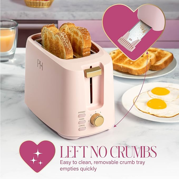 Paris Hilton 2-Slice Toaster, Extra-Wide Slots, 7 Browning Settings, Bagel & Defrost Functions, Removable Crumb Tray, Pink