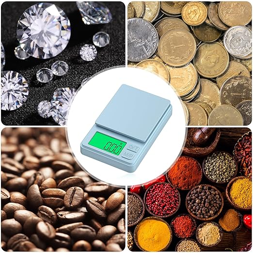 Diyife Gram Scale, 1000g/0.01g Digital Jewelry Scale for Powder, Gold, Gem, Mini Scale with LCD Display, 7 Units, Tare, Light Blue (Batteries Included)