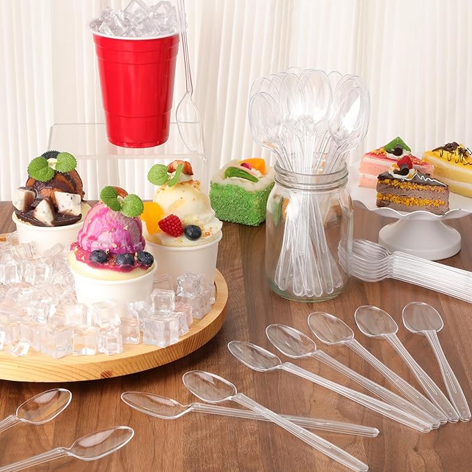 50 Pcs Extra Long Spoons for Ice Cream Floats Plastic Sundae Spoons Bulk 8 Inch Long Handle Spoon Heavy Duty for Ice Cream Milkshakes Tea Cocktails Root Beer Float and Tall Beverages (Clear)