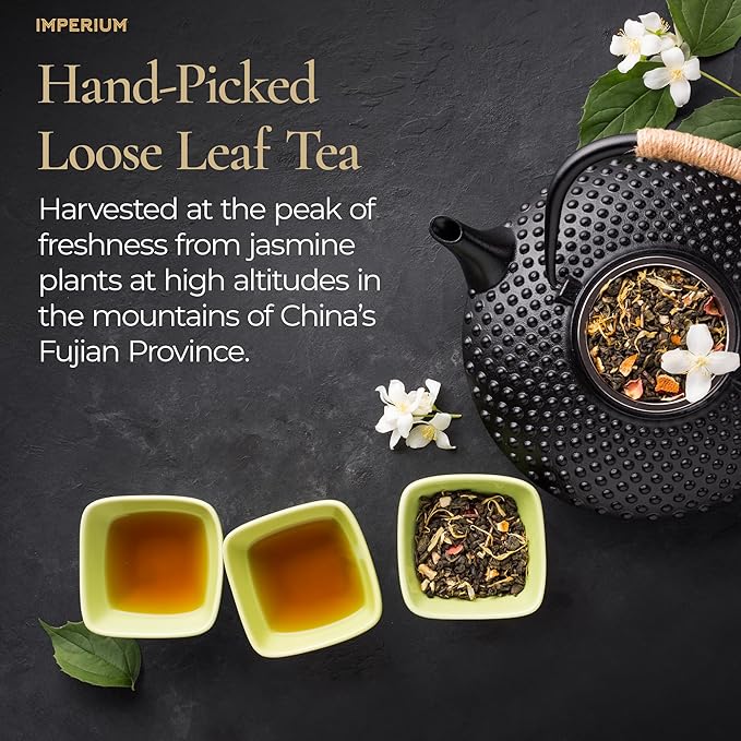 Imperium Spring Jasmine Green Tea Loose Leaf (4oz), Hand-Picked Premium Quality, Brews 100 Cups, Naturally Refreshing and Relaxation Beverage, Delicate Floral Aroma, Smooth and Soothing Finish