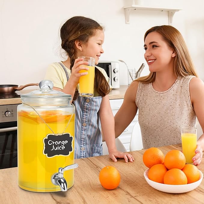 1 Gallon Beverage Dispenser 1 Pack, Stainless Steel Spigot Drink Dispenser for Parties with Stand, Clear Glass Drink Container Easy to Refill and Clean