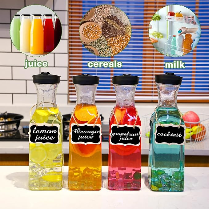 Lallisa 8 Pcs 54 oz Plastic Carafe Water Carafe with Lid Clear Plastic Pitcher with Lid Square Base Drink Containers for Fridge Mimosa Bar Supplies Water, Milk, Juice with Labels Hanging Tags