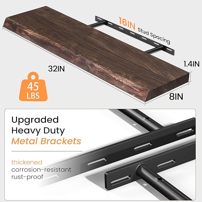 Fun Memories Floating Shelves for Wall Set of 2, Rustic Solid Elm Wood Live Edge Wall Shelves 32 Inch - Invisible Bracket Mount for Living Room, Bathroom, Bedroom, Kitchen, Walnut