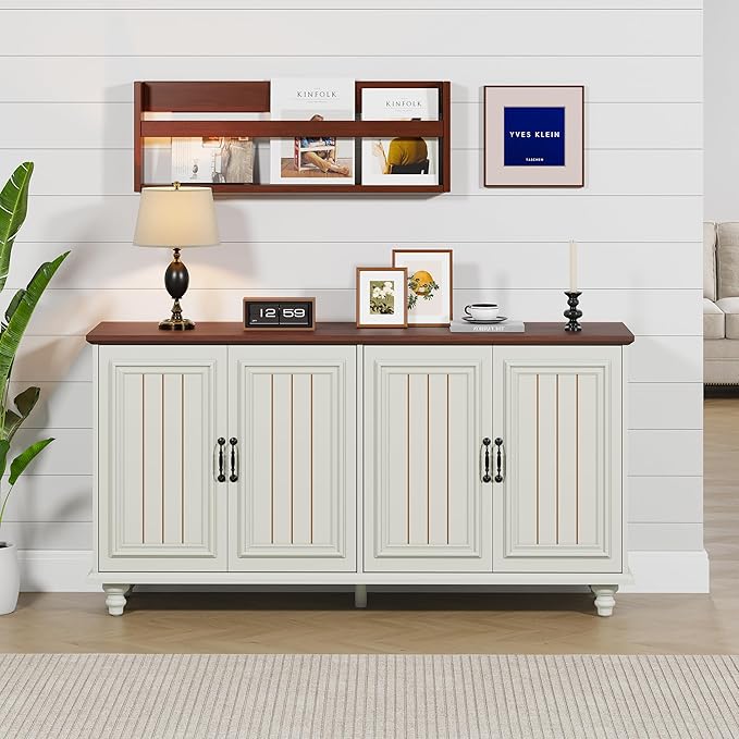 59" Sideboard Buffet Cabinet with Storage, Large Retro Credenza with 4 Doors & Adjustable Shelves Wood Rectangular Coffee Bar Table Console for Kitchen, Living Room, Hallway, Entry (Beige)