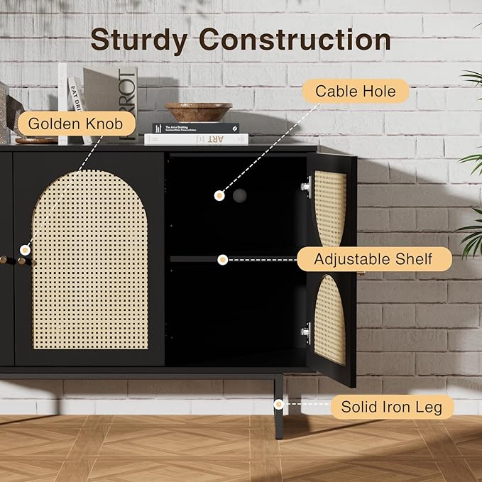 Vabches Sideboard Buffet Cabinet with Rattan Doors, 3 Doors Accent Sideboard, Coffee Bar Cabinet with Metal Legs for Living Room, Hallway, Entryway Natural (Black, 3 Doors)