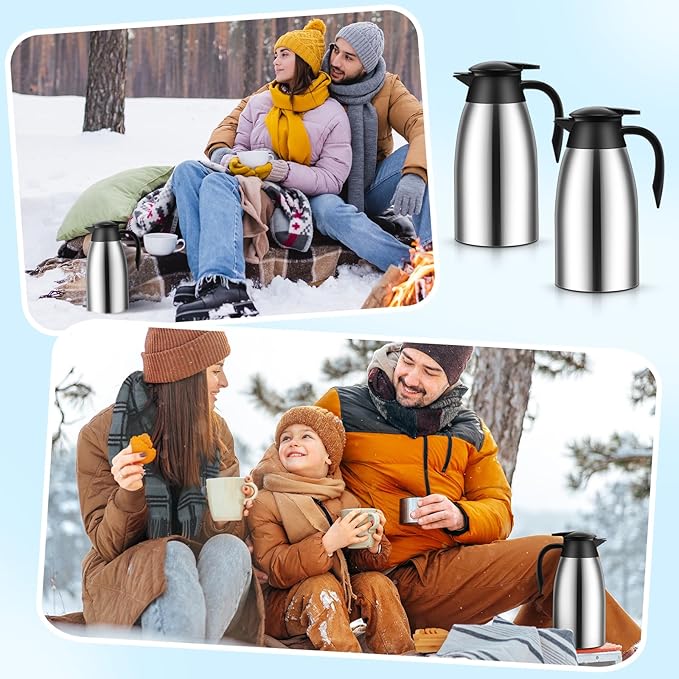 2 Pcs 51 oz Thermal Coffee Carafe for Keeping Hot Insulated Stainless Steel Vacuum Thermal Pot Flask Double Walled Vacuum Coffee Carafe for Beverage Water Tea, 12 Hot 24 Hours Cold(Silver)