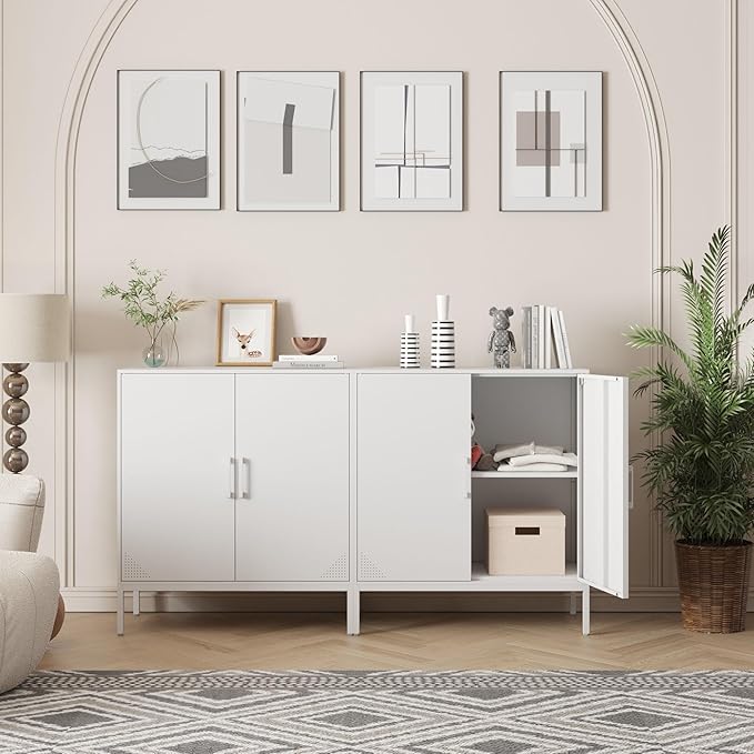 Metal Storage Cabinet with Adjustable Shelves, Steel Buffet Sideboard for Entryway, Living Room, Dining Room, Kitchen, Office, Bar (White, 31.5" D x 15.75" W x 35.43" H)