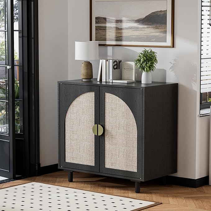Black Rattan Sideboard Buffet Cabinet with Doors and Shelf, Rattan Accent Cabinet with Wood Feet, Boho Storage Cabinet for Living Room, Kitchen, Entryway