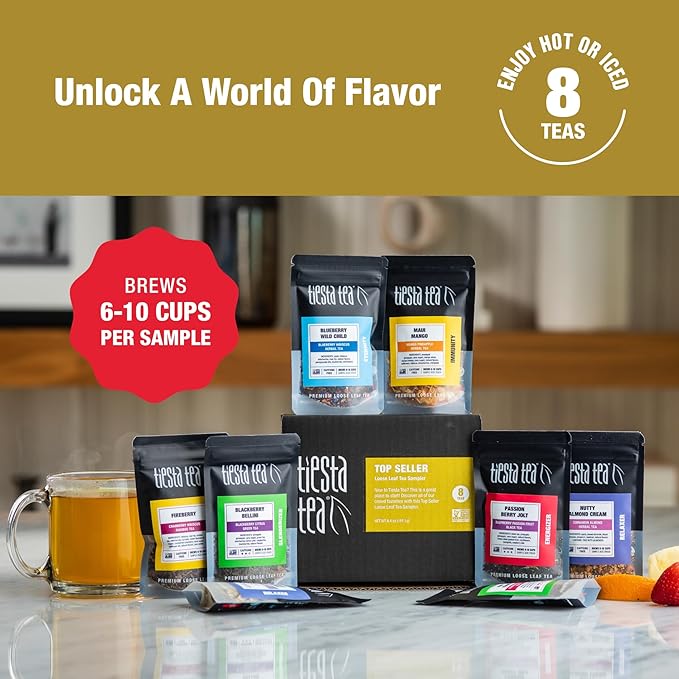 Tiesta Tea - Loose Leaf Tea Sampler Set - Assorted Real Fruit, Herbal, Spices, Black & Chai Brew, High to No Caffeine, Hot or Iced Tea Variety, 8 Sample Pouches, Up to 80 Cups, Seasonal Flavors