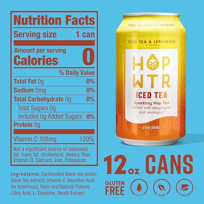 HOP WTR - Sparkling Hop Water - Iced Tea & Lemonade (12 Pack) - NA Beer, No Calories or Sugar, Low Carb, With Adaptogens and Nootropics for Added Benefits (12 oz Cans)