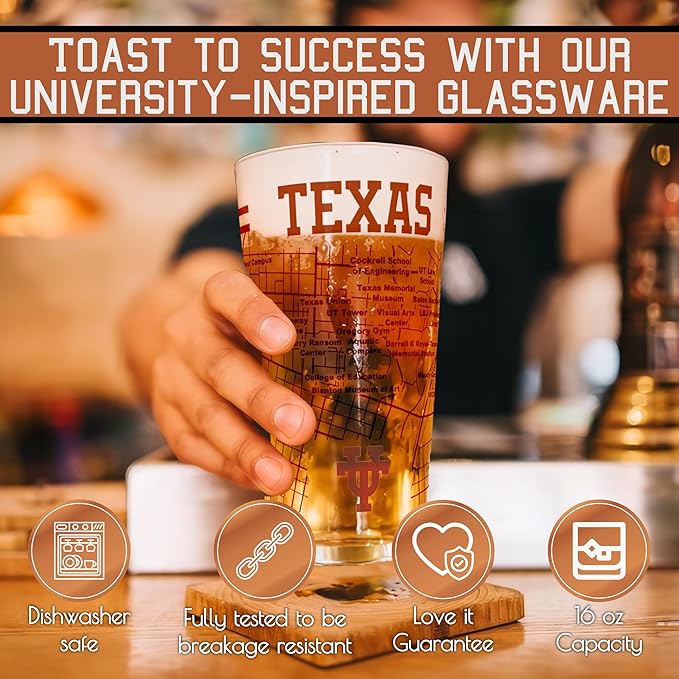 Greenline Goods – University of Texas Longhorns College Pint Beer Glasses (Set of 2), 16 oz – Full-Color Logo + Campus Map
