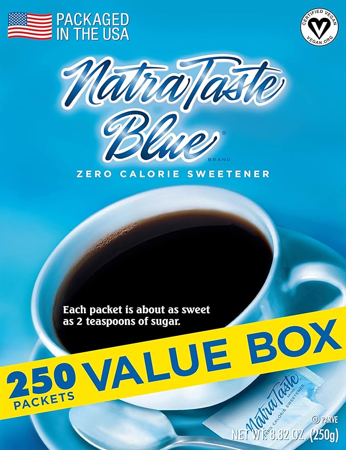 NatraTaste Blue Zero Calorie Sweetener, Bulk Sugar Substitute for Coffee, Iced Tea, Lemonade, Hot & Cold Drinks, Baking, Cooking, Low Carb, Vegan, Sugar Alternative, 250 Packets Value Box (8 pack)