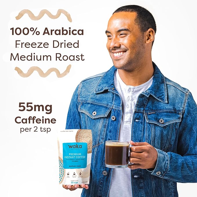 Waka Instant Coffee, Medium Roast - 100% Arabica Colombian Beans, Freeze Dried Granules, No Sugar or Additives - Bulk Bag for Quick Hot and Iced Coffees, Up to 35 Cups (3.5oz)