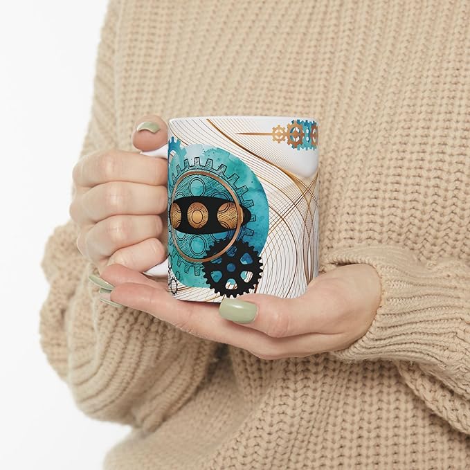Turquoise, Black, and Copper Gears Coffee Mug for Men, Blue Coffee Mugs for Engineers, Mechanics, or Gear Head gifts,