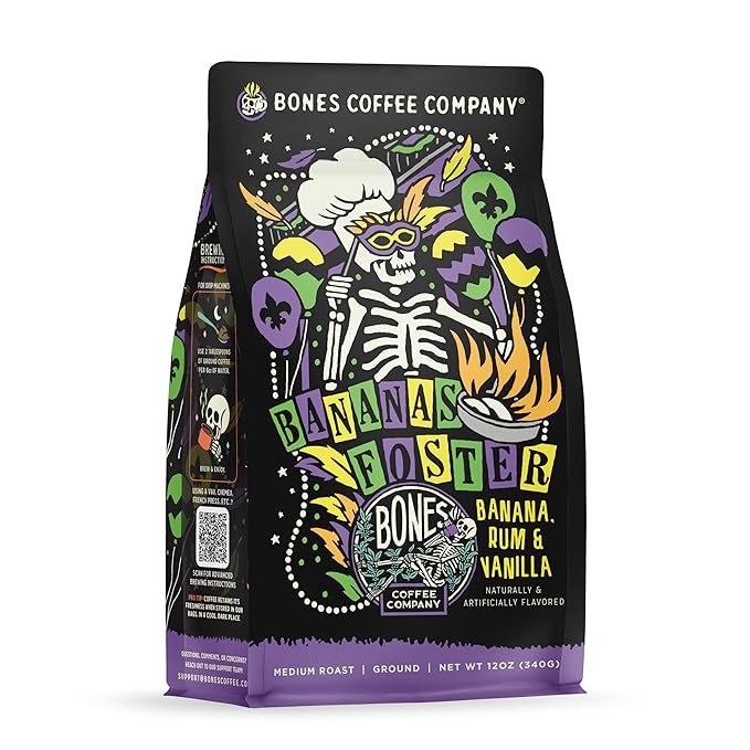 Bones Coffee Company Bananas Foster, Banana, Rum and Vanilla Flavored Coffee, Medium Roast Low Acid Arabica Beans Compatible with Auto drip and French Press Coffee Maker, 12 Oz Ground