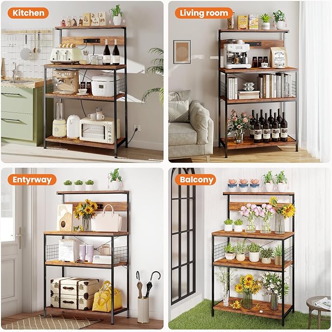 Sweetcrispy Kitchen Bakers Rack with Power Outlet, Coffee Bar Table 4 Tiers, Microwave Oven Stand Station, Adjustable Storage Shelf Freestanding Appliance Organizer - 24 Inch, Rustic Brown