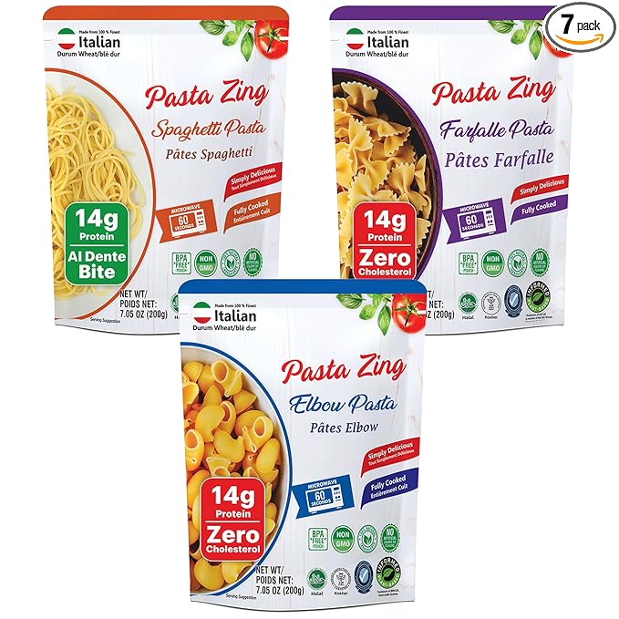 Pasta Zing Microwavable Variety Pasta Pack of 7 | 2x Elbow | 2x Farfalle, 3x Spaghetti | Microwave Pasta Ready To Eat in 60 Sec - Fully Cooked -100% Durum Wheat 7.05 Ounce