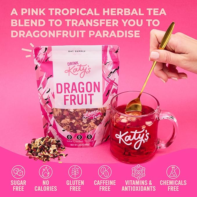 Katy’s Dragonfruit Loose Leaf Tea | Hydrating & Fruity Herbal Tea | Hibiscus, Dragonfruit & Pineapple | Caffeine-Free Fruit Tea | 30+ Cups | Hot or Iced | Antioxidant-Rich | Woman-Owned | 3oz Pouch