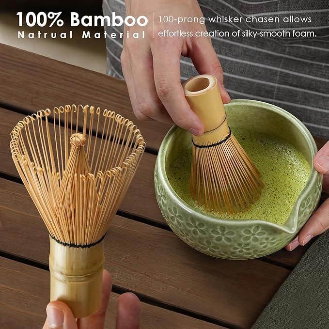7Pcs Matcha Whisk Set, Ceramic Matcha Bowl with Spout, Bamboo Whisk and Holder,Bamboo Scoop,Scoop Rest,Sifter,Tea Towel, Matcha Kit with Cherry Blossom Carved Patterns for Matcha Lovers (Sakura Green)